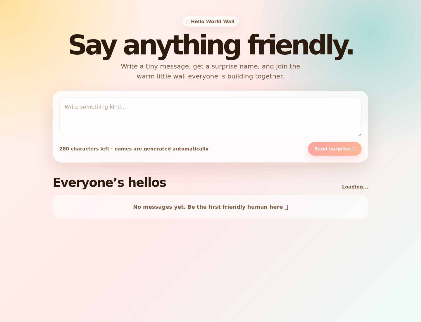 צילום מסך של Hello World עם קיר הודעות וטופס כתיבה.