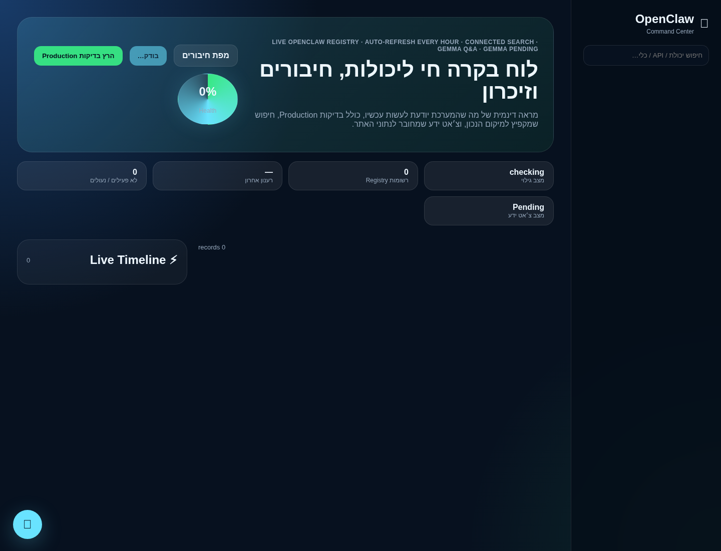 צילום מסך של OpenClaw Command Center עם דשבורד יכולות ובדיקות.